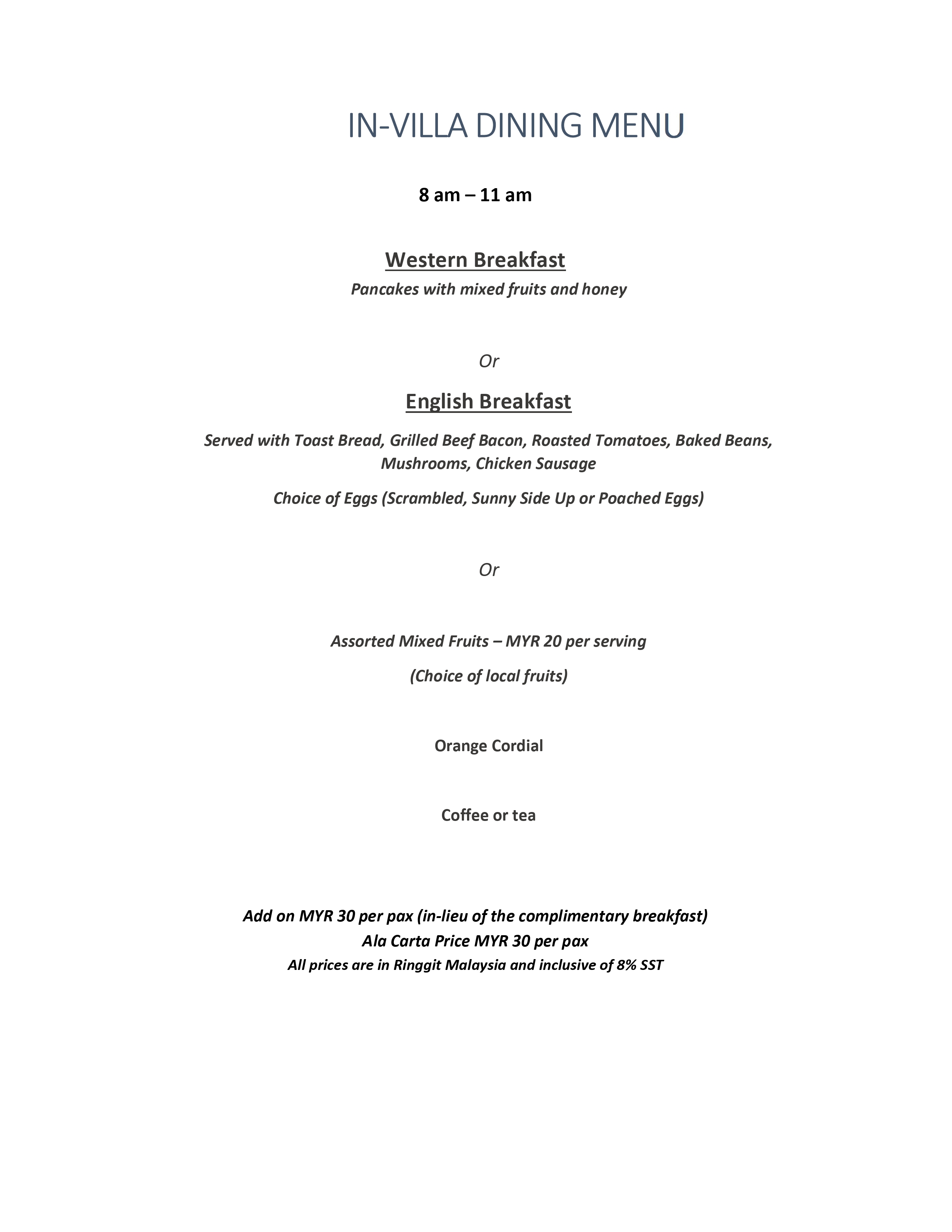 In-House Villa Menu Page 2